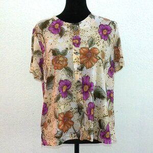 Purple/orange/beige shiny floral T-shirt, with golden glitters details